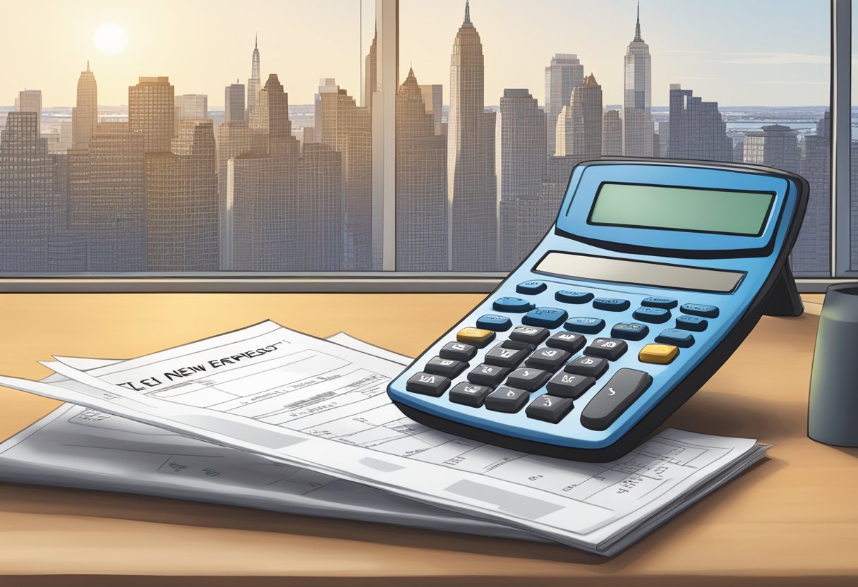 A calculator on a desk with a lease agreement and a list of rental expenses, with the New York City skyline in the background