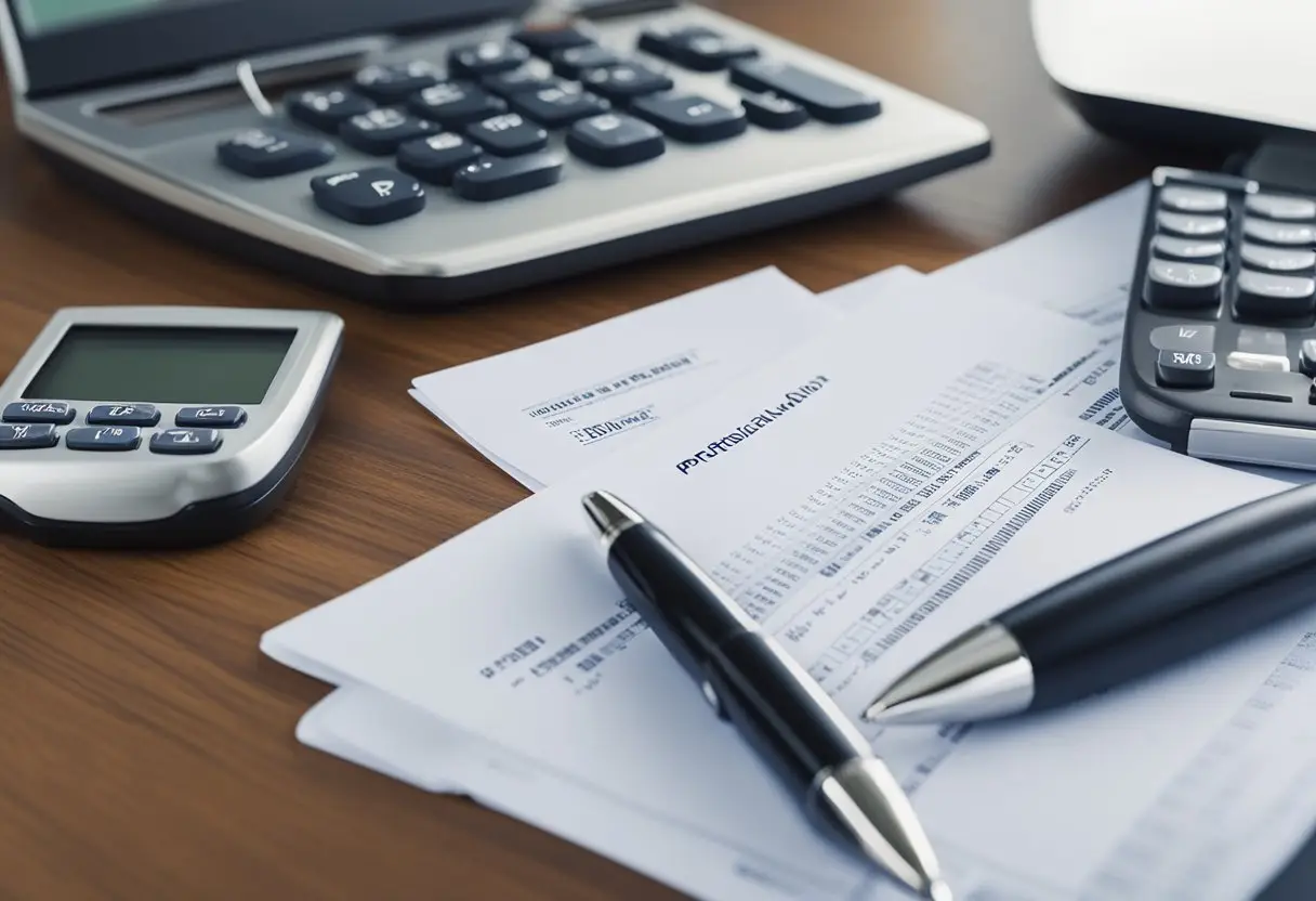 A stack of legal documents sits on a desk, next to a calculator and a pen. A computer screen displays a digital mortgage form