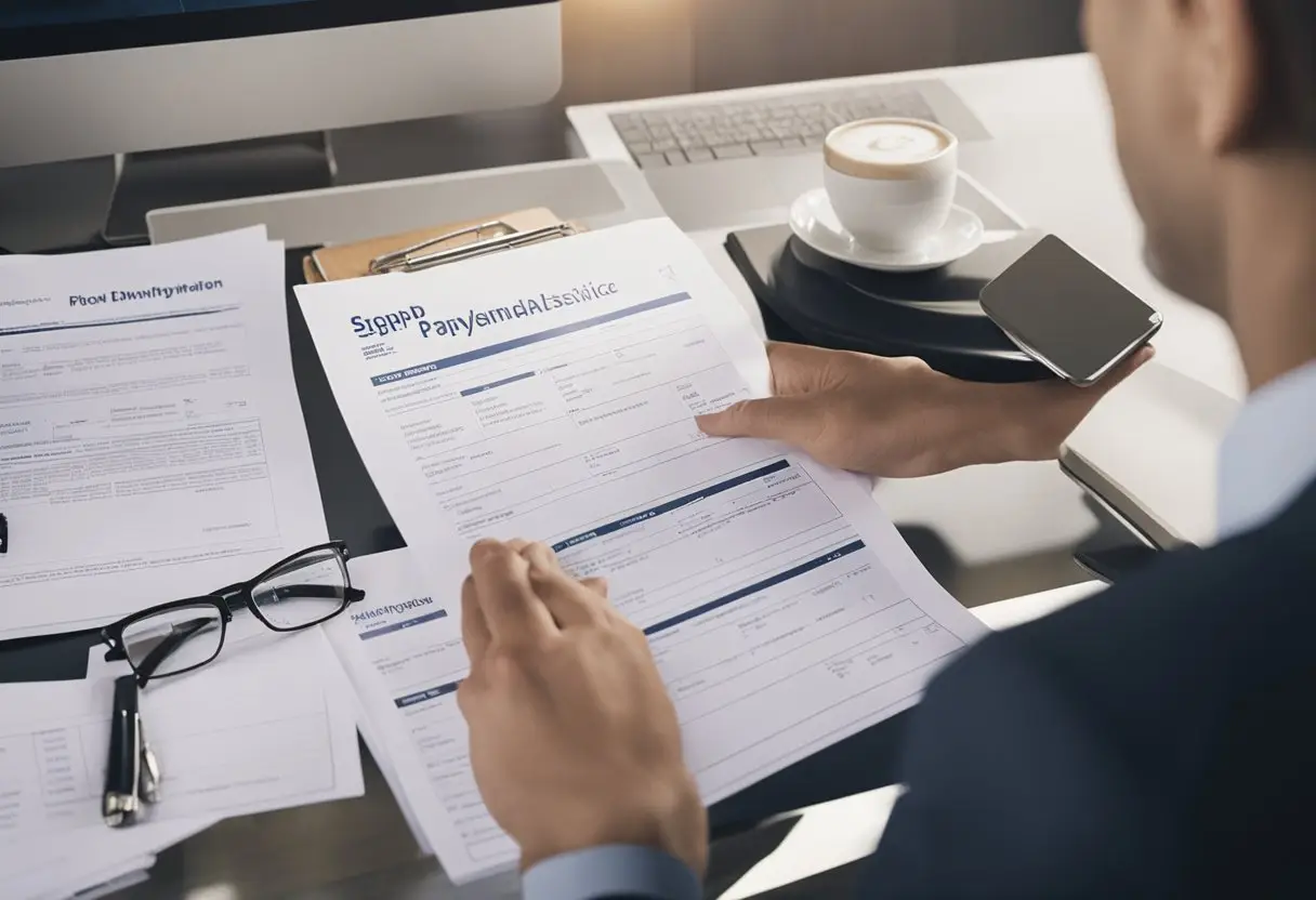 A person fills out paperwork at a desk, while a representative reviews their application for Down Payment Assistance in New York