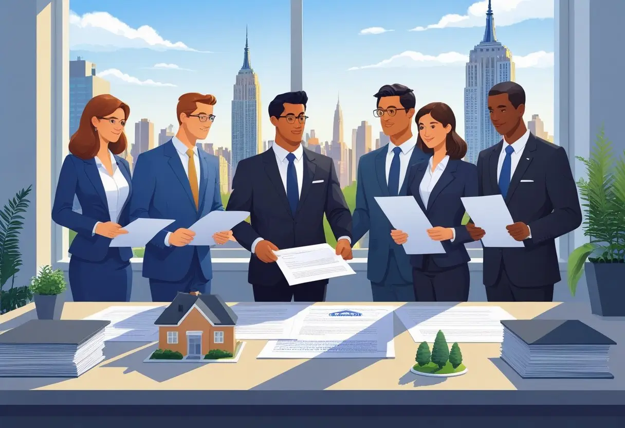 People in an office reviewing documents related to a real estate transaction with a view of New York City buildings in the background.