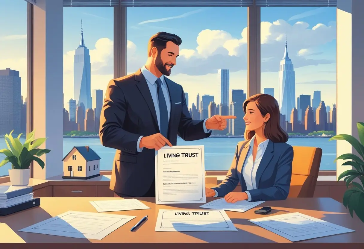 A real estate agent and a client discussing documents in an office with a view of the New York City skyline, including a model house on the desk.