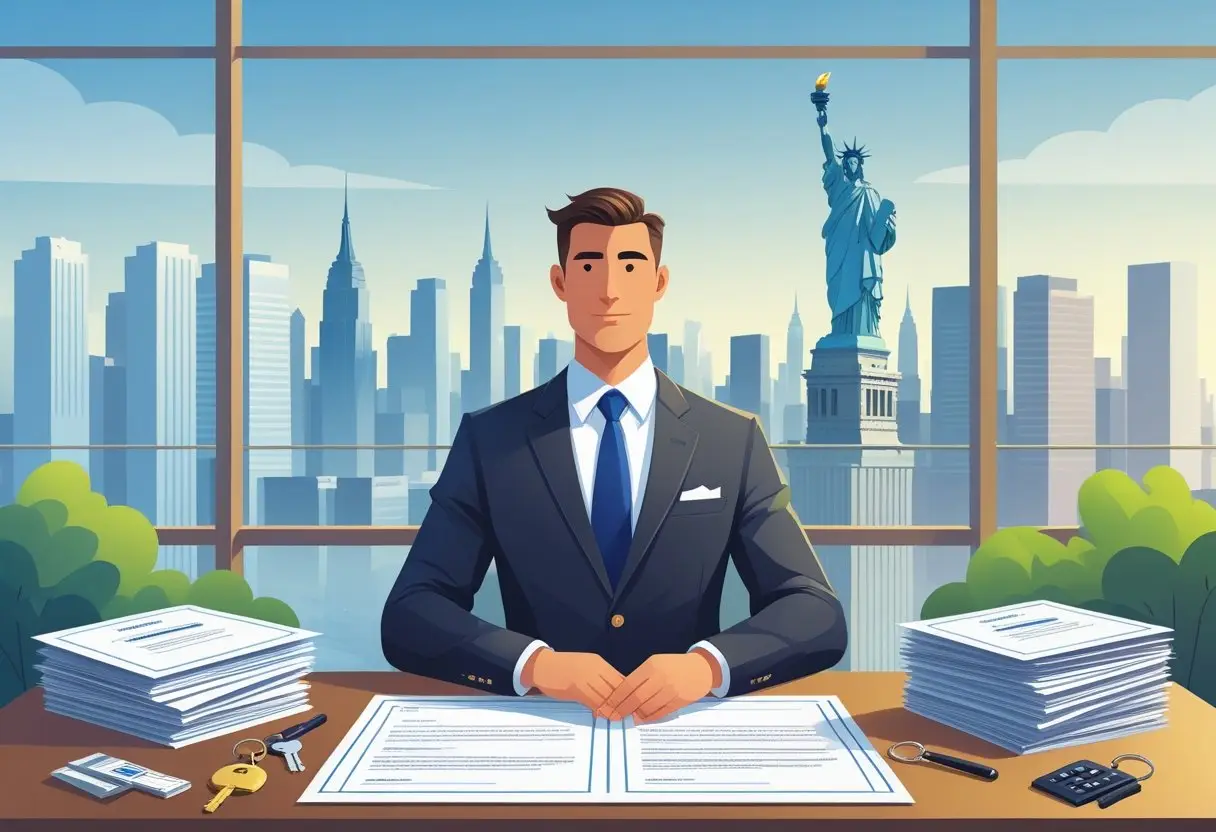 A legal professional at a desk with real estate documents and a laptop, with the New York City skyline visible through a window behind them.
