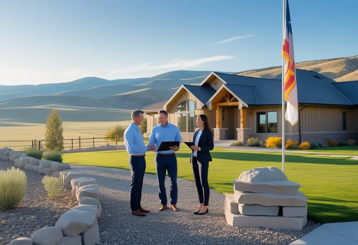 Three adults discussing documents outside a ranch-style house with rolling hills and a Wyoming state flag in the background.