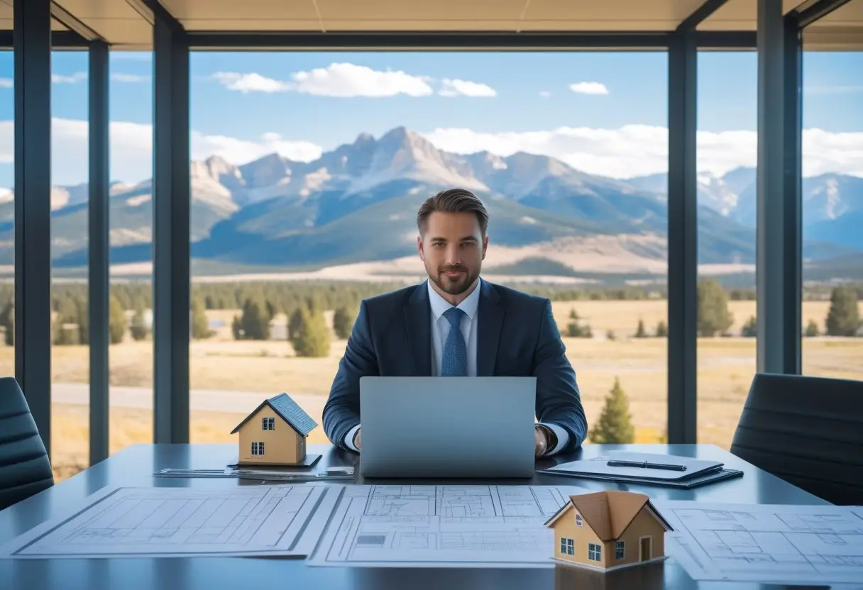 A businessperson at a desk with legal documents, house models, and a Wyoming landscape visible through a window.