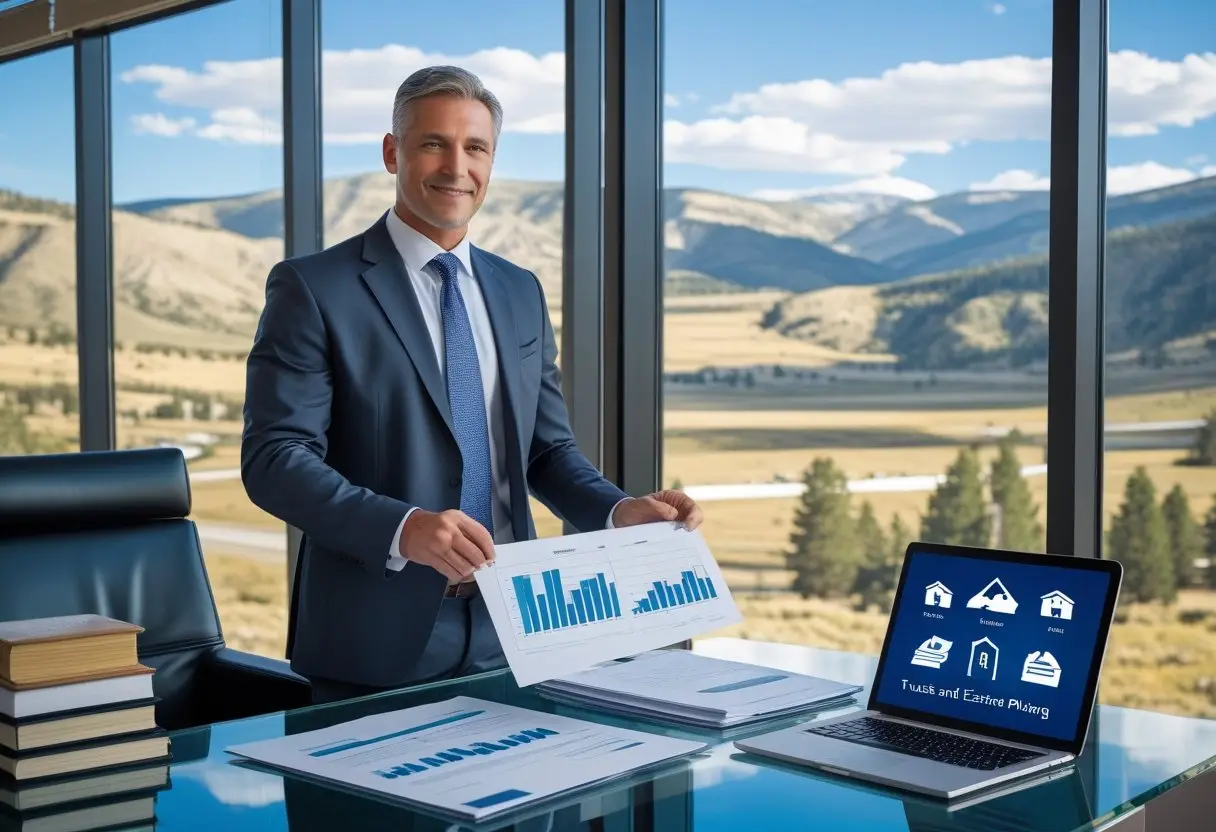 A businessperson reviewing real estate documents in an office with a view of Wyoming hills and open sky.
