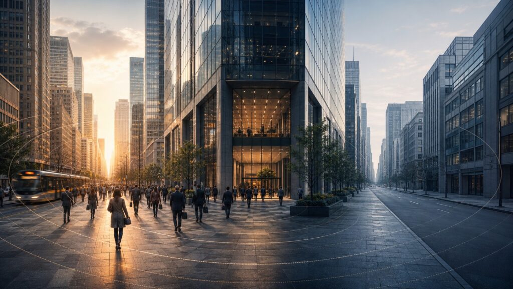 Office workers entering a downtown office tower, illustrating uneven office recovery and commute proximity