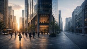 Office workers entering a downtown office tower, illustrating uneven office recovery and commute proximity