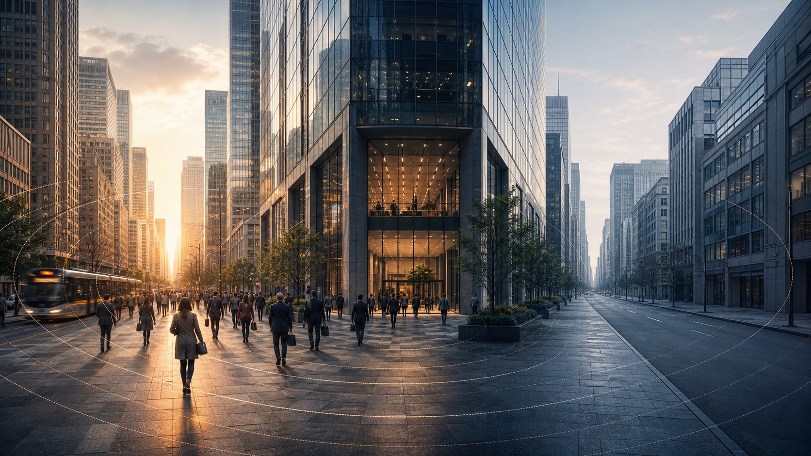 Office workers entering a downtown office tower, illustrating uneven office recovery and commute proximity